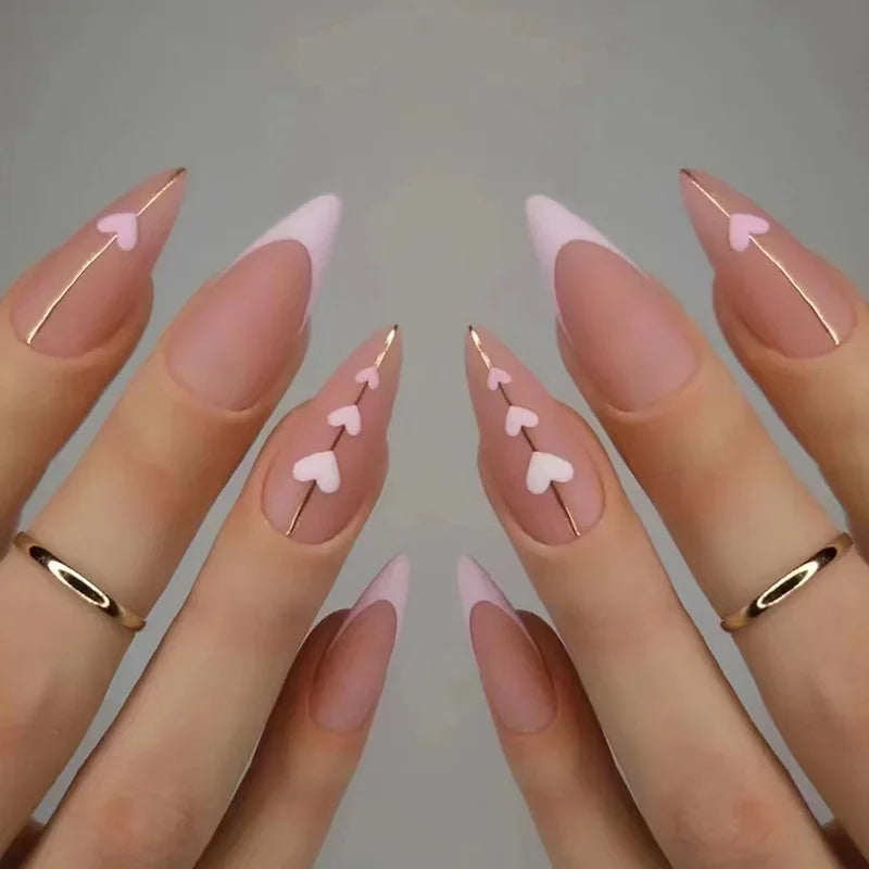 24Pcs Almond False Nails with Leopard Print Designs Long Stiletto French Press on Nails Wearable Spike Full Cover Fake Nail Tips