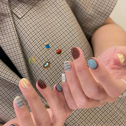 10PCS Blue Blush Short Square Round Handmade Pres on Nails Gentle Colorful Gradient Cute French Fake Nails Fashionable Nail Tips