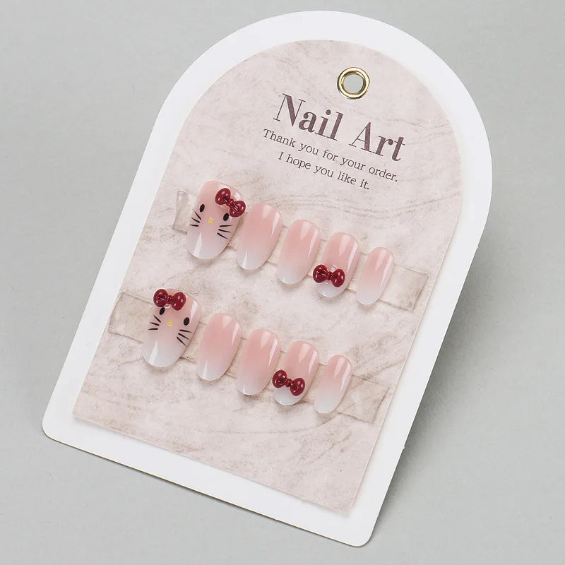 24PCS Cute Red Bowknot Short Oval Press on Nail with Glue Cartoon Cat Glossy French Fake Nails for Girls Wearable Ins Nail Tools