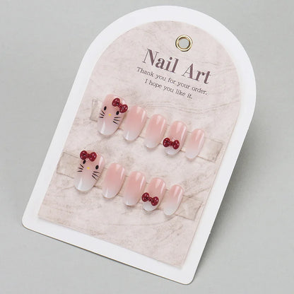24PCS Cute Red Bowknot Short Oval Press on Nail with Glue Cartoon Cat Glossy French Fake Nails for Girls Wearable Ins Nail Tools