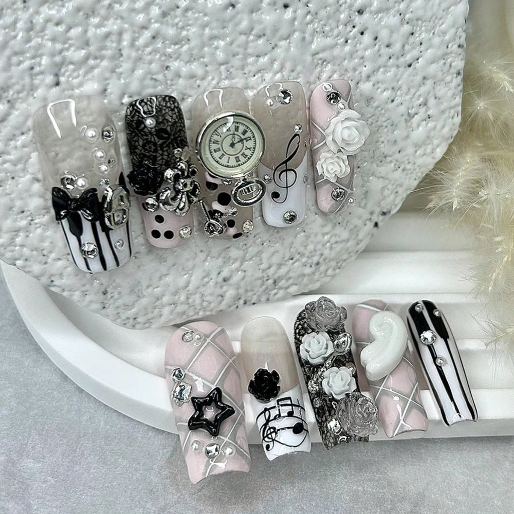 Musical Notes Retro Vintage Cute Pink French Handmade Press On Nails 3D Rose Bow Pearl Y2K Gyaru Fake Nails Long Coffin Nail Art