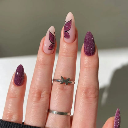24Pcs Simple Glitter Almond False Nails with Glue Ballerina Nail Design Sweet Cool French Detachable Press on Nail Manicure Tips