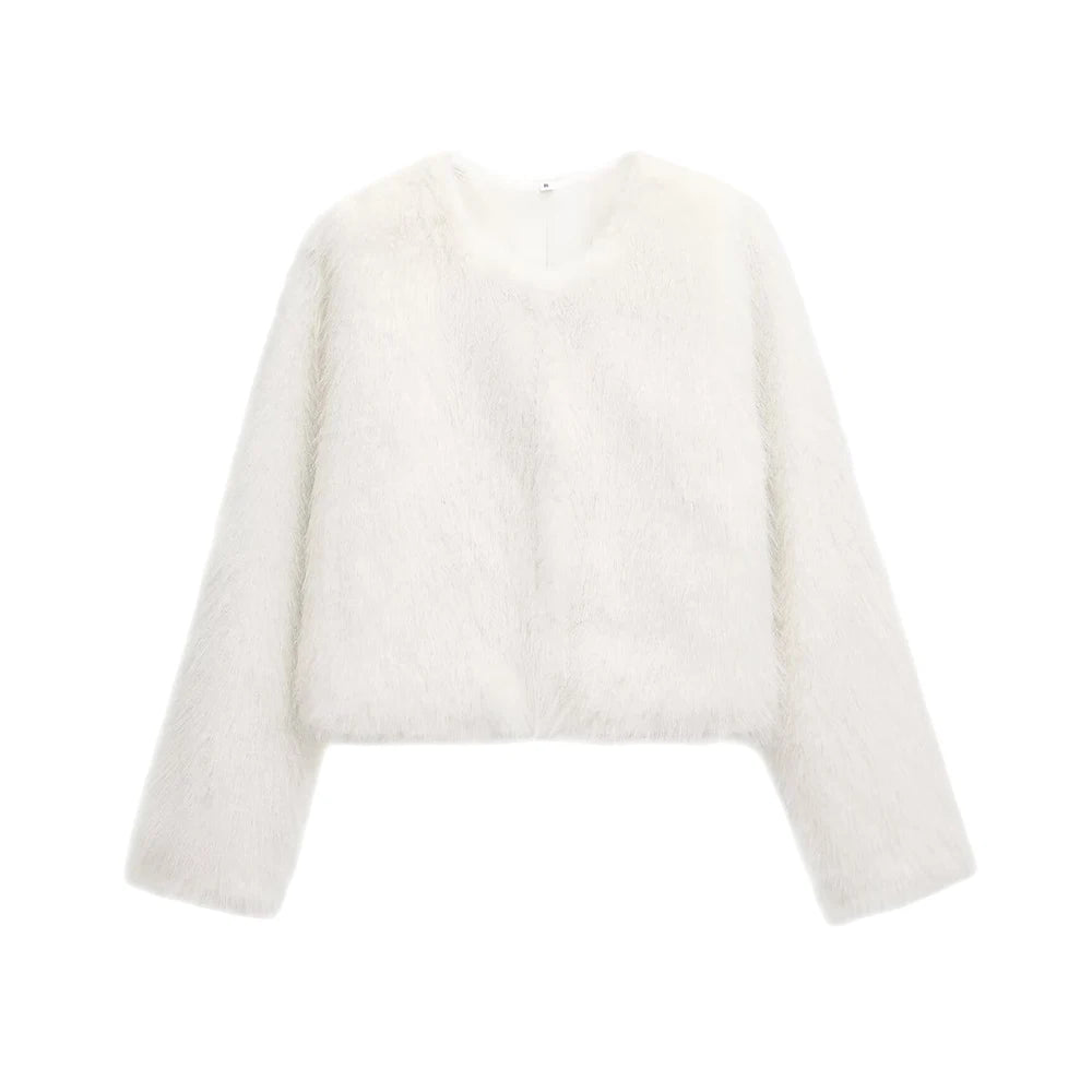 Women's Thick Warm Faux Fur Cropped Jacket, O Neck, Long Sleeve, Female Outerwear, Chic Tops, Fashion