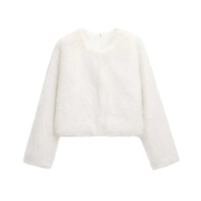 Women's Thick Warm Faux Fur Cropped Jacket, O Neck, Long Sleeve, Female Outerwear, Chic Tops, Fashion