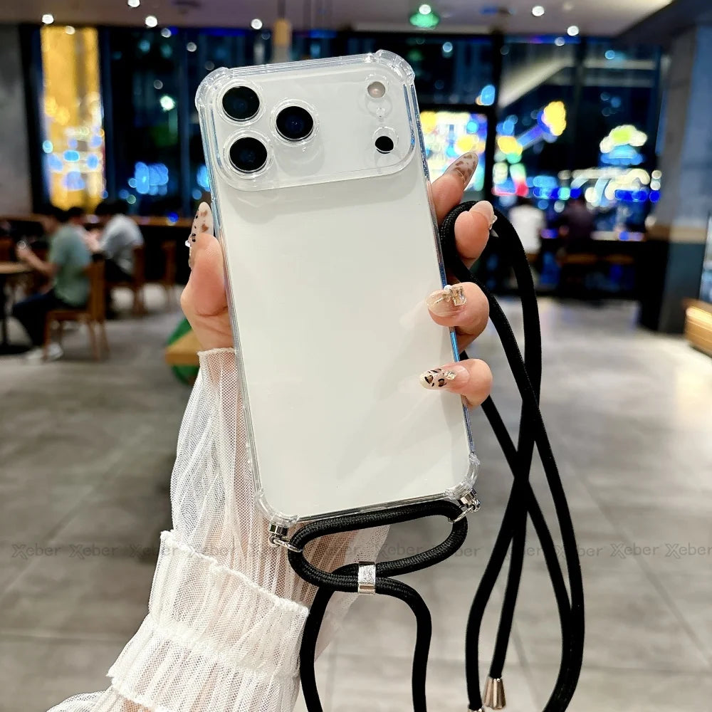 Shockproof Clear Soft Bumper Case For iPhone 17 16 15 14 Pro Max Plus Crossbody Lanyard Necklace Strap Cord Nylon Rope Cover