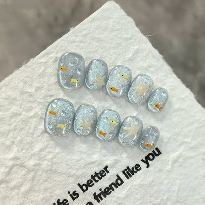 10pcs/set Handmade Press-On Nails - Blue Glossy Fish & Bubbles Design Short Oval Fake Nails with Cat Eye Effect False Nails