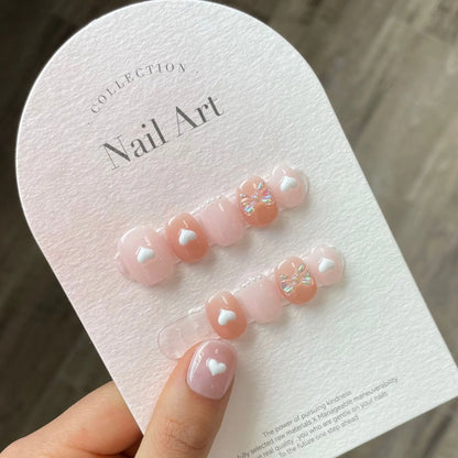 Short Nails Set Press On Handmade Professional Nails 3D Heart Designs Charms Artificial Nails For Teens Nailworld Store Nail Art