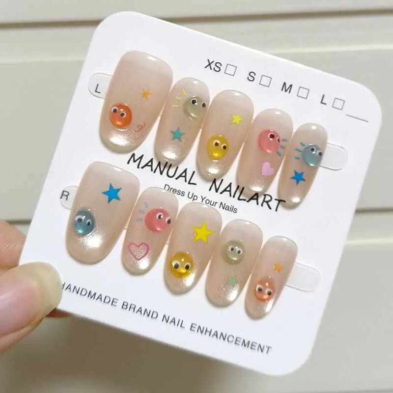 10Pcs French Style New Cute 3D Small Eyes Wearable Nails Patch Nail and Nail Accessories Press on Nails Detachable Nail Tips
