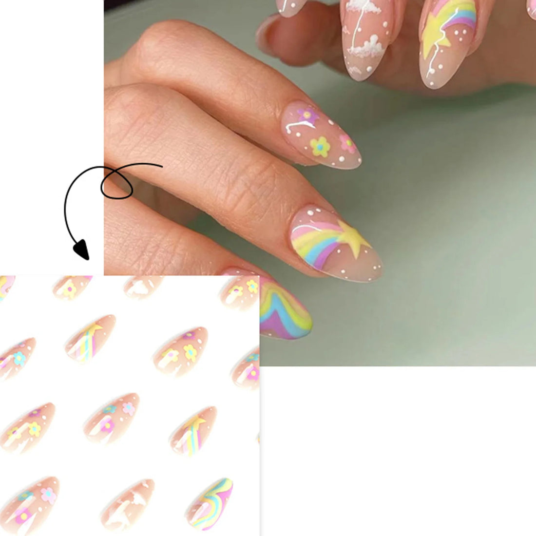 24pcs Cute Colorful False Nail Tips for Girl Rainbow Cloud Star Printed Almond Fake Nails Full Cover Reusable Adhesive Fake Nail