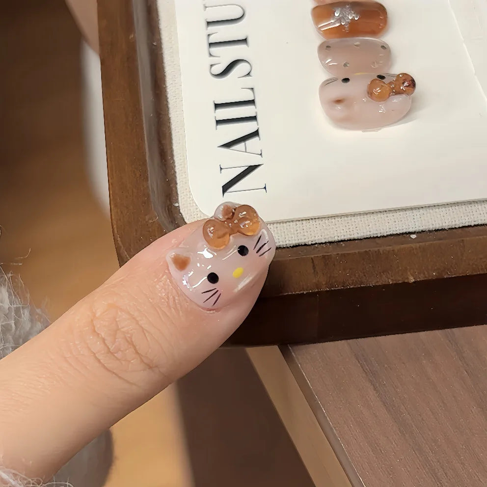 10PCS Summer BrownThe Polka Dot Cat's Eye Short Nail Art Hello Kitty Cute Notes Handmade Acrylic Fake Nail Gift