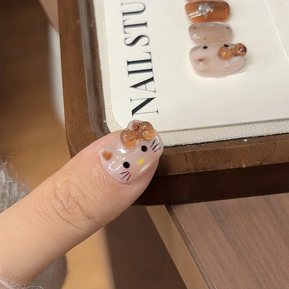 10PCS Summer BrownThe Polka Dot Cat's Eye Short Nail Art Hello Kitty Cute Notes Handmade Acrylic Fake Nail Gift
