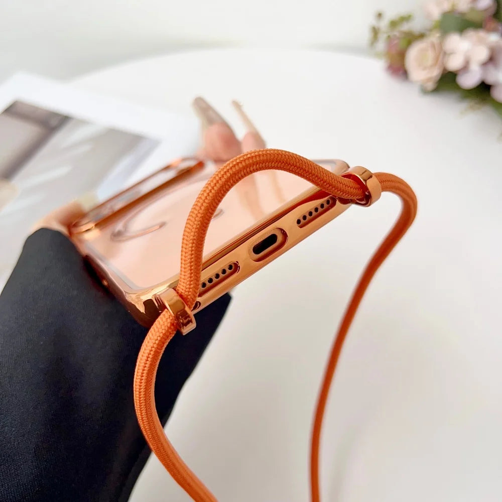Luxury Necklace Cord Rope Lanyard Plating Magnetic Clear Phone Case For iPhone 17 16 14 11 12 13 15 Pro Max For Magsafe Cover
