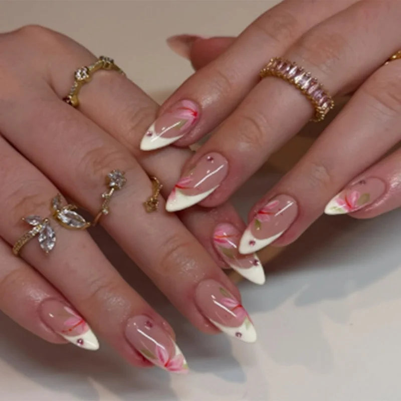 24pcs French Fake Nails Finished Almond Nails Sets with Golden Bow Design False Nail Art Simple Datachable Press on Nails Tips
