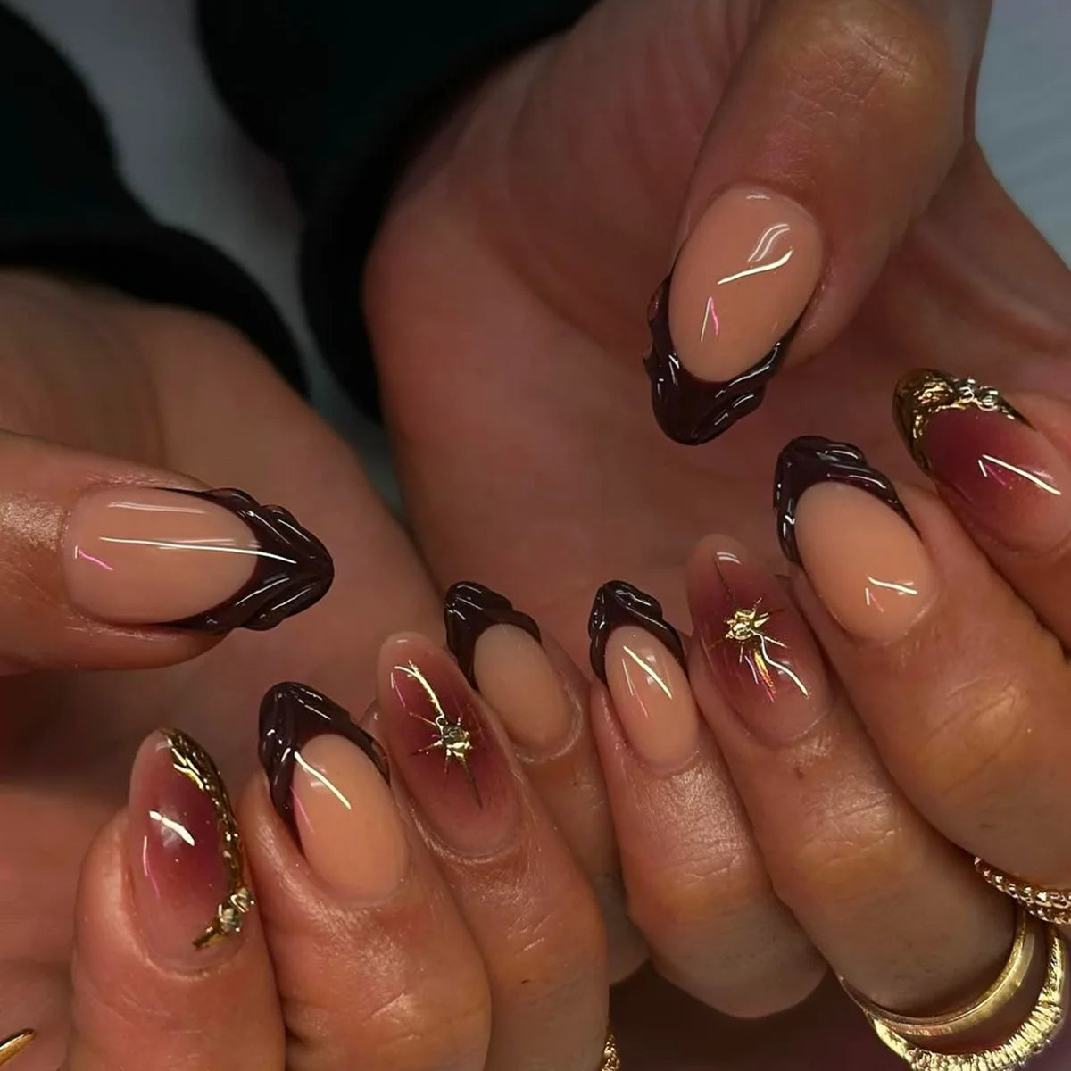24Pcs Y2k Almond Acrylic Nails Full Cover 3D Diamond Black Nail Art Sweet Cool French Wearable Fake Nail Manicure Tips for Girls