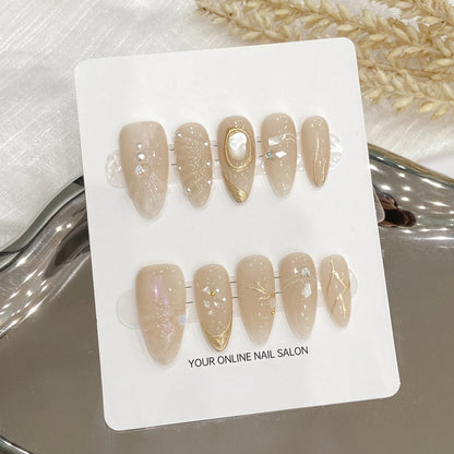 10pcs White Flowers Decor Fake Nails French Pearl Almond Fake Nail Patch Wearable Full Cover Handmade Bride Press on Nail Tips