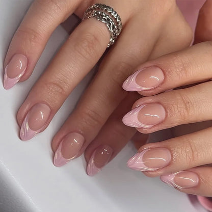 24Pcs Long Almond Fake Nails with White Edge Design Wearable French Press on False Nails Simple Full Cover Nail Tips Manicure
