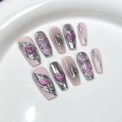 10Pcs Black Handmade Press On Nails Coffin Fake Nails Full Cover Gradient Metal Contrast Artificial Manicure Wearable Nail Tips