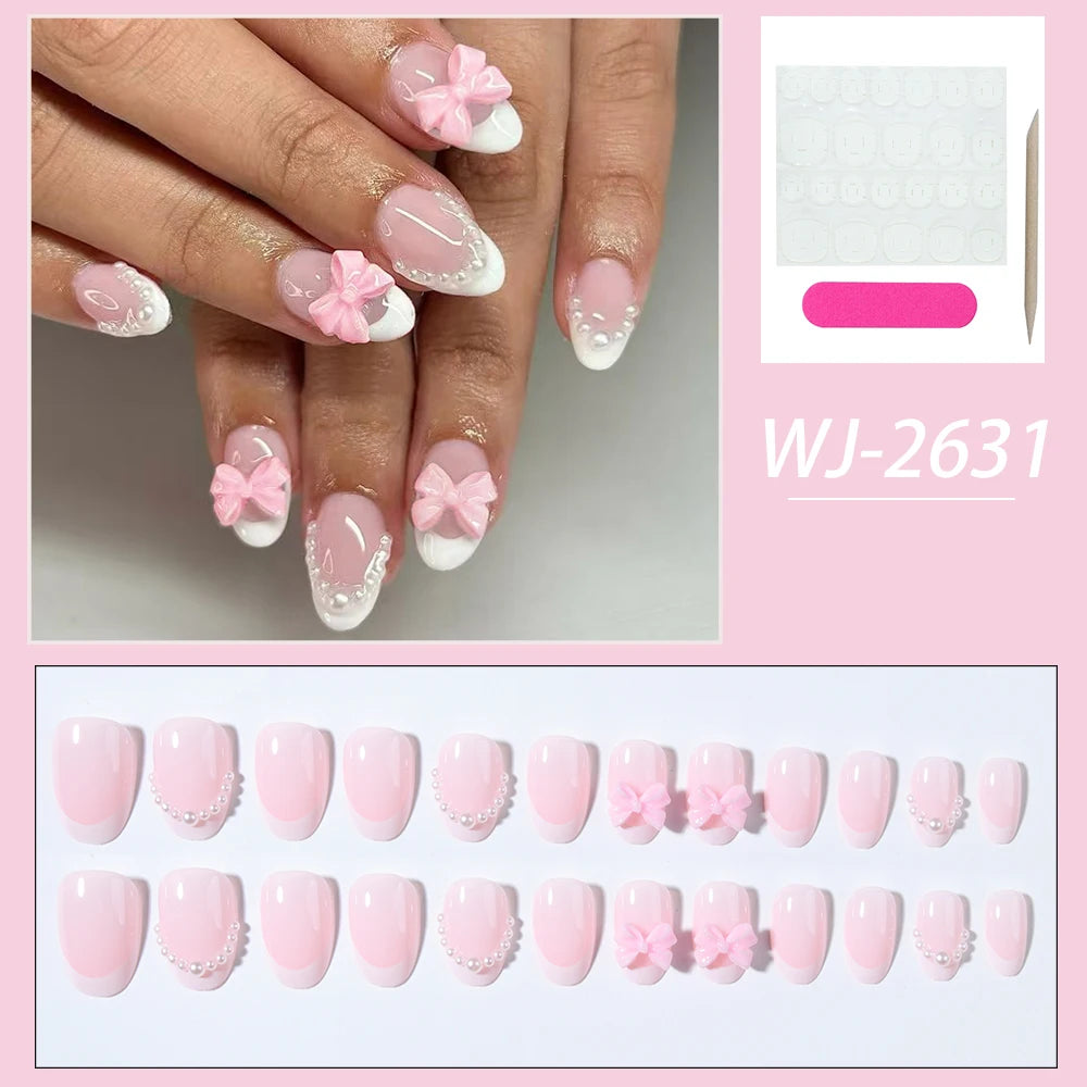 24pcs short oval White French Tip Press On Nails short Bow with pearls design Fit Perfectly Acrylic False Nail set,contain 1pcs