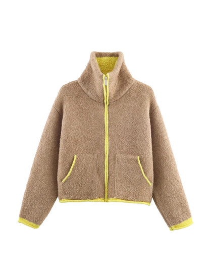 Fashion Contrasting Knitted Cardigan for Women Elegant Long Sleeve Pockets Zipper Sweater 2026 Spring Street Lady Chic Outwear