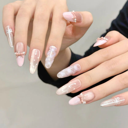 10pcs Handmade Press on Nails Sweet 3D Bow Decor Cat's Eye Fake Nail Tips Wearable Detachable Ins Plaid Pink French False Nails