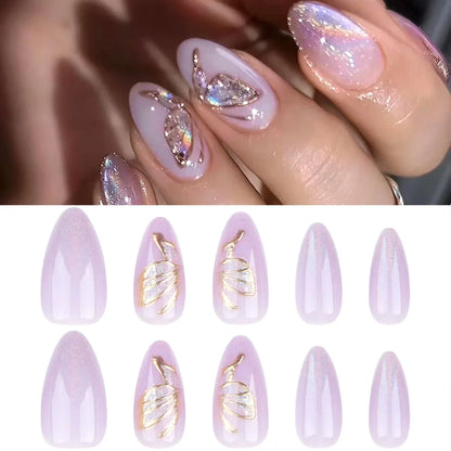 3D Butterfly Almond Nail Art Fashion Green Pearlescent Powder False Nails Detachable Finished Fake Nails Press on Nail with Glue