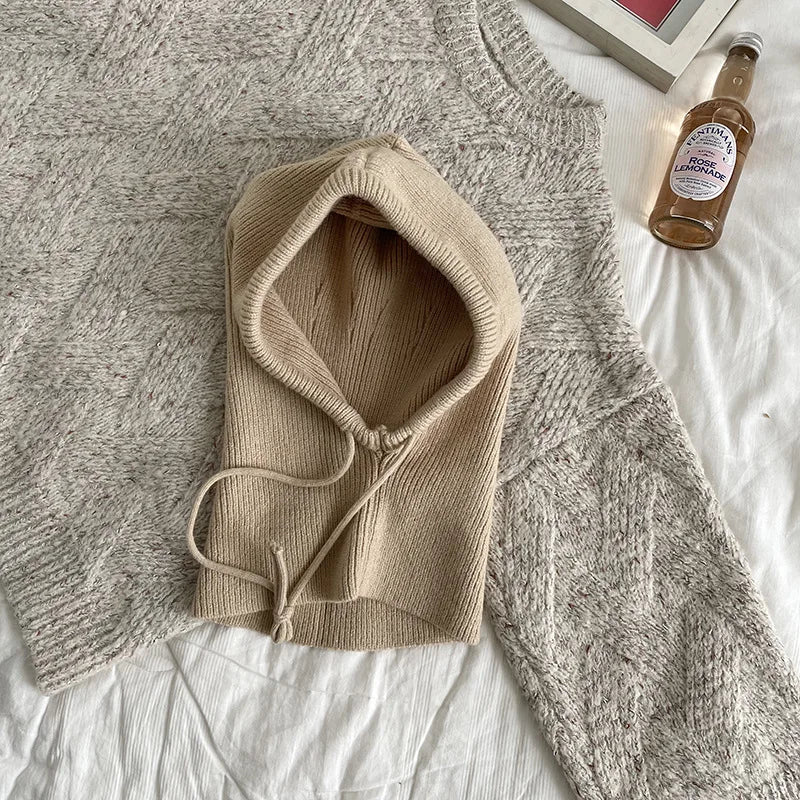 Knitted Hooded Scarf Hat Knit Balaclava Korean Outdoor Style Warm hooded scarf with adjustable drawstring