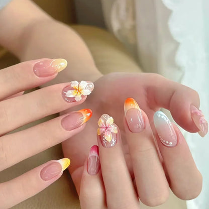 Pink Magic Mirror French 3D Flowers Nail Art Fashion Almond Wearable False Nails Detachable Finished Fake Nails Press on Nails