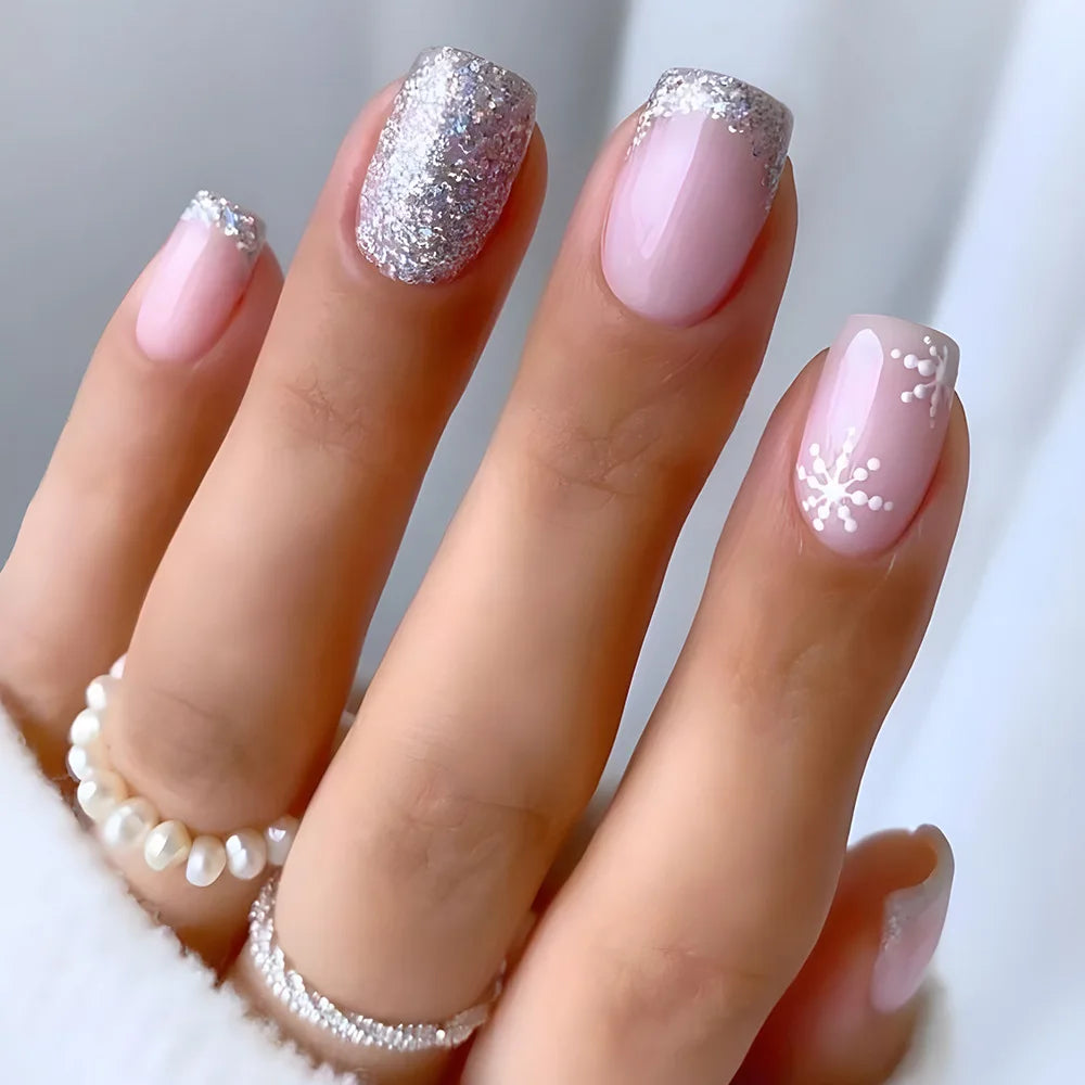 24pcs Glitter Ballet False Nail Simple Wine Red Mid-length Coffin Fake Nail Wearable Simple Shiny Powder Design Press on Nails