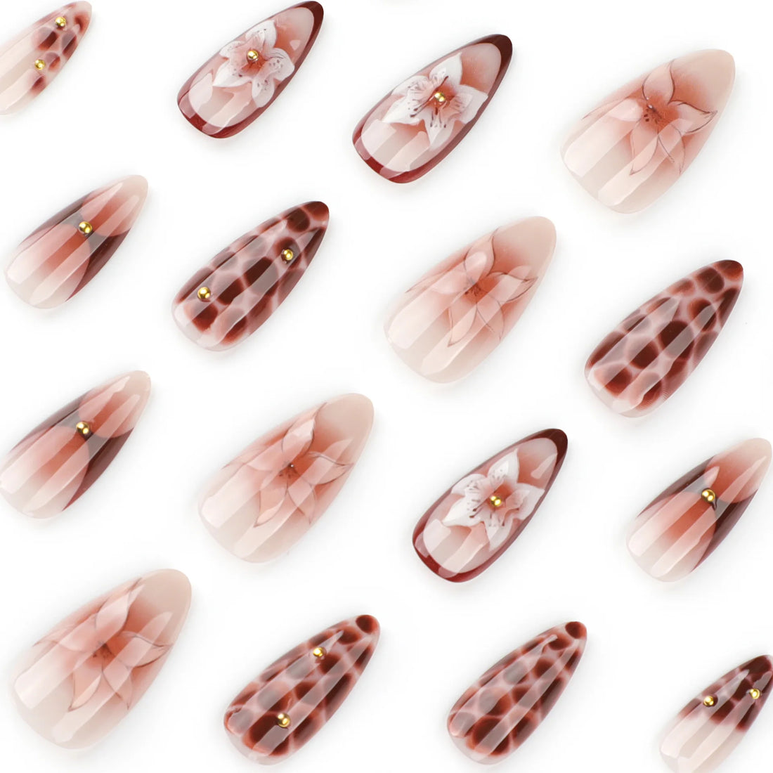 24pcs Retro Almond Press On Nails Brown Marble Cracks Ice Flower Printed False Nails European Wearable French Style Fake Nail