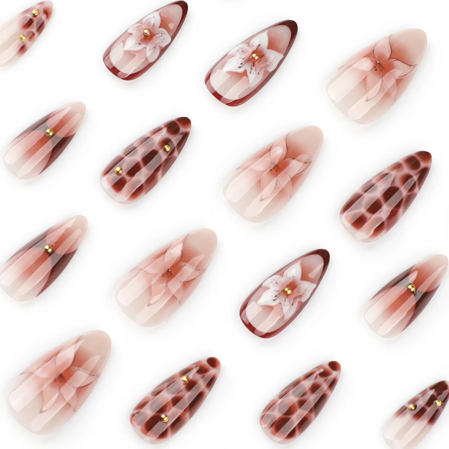 24pcs Retro Almond Press On Nails Brown Marble Cracks Ice Flower Printed False Nails European Wearable French Style Fake Nail