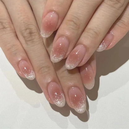 24Pcs Solid Color Grey Almond Fake Nail Cat's Eye Design Wearable Round Head False Nails with Shiny Powder Press on Nails