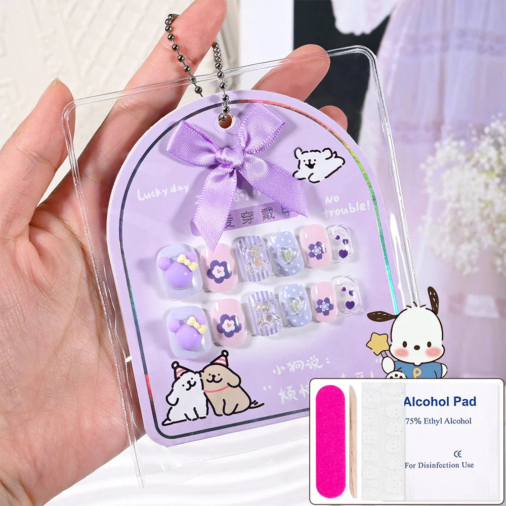12pcs Kids 3D Stereo Sanrio Fake Nails Patch Sweet Girls Cute Cartoon Hello Kitty press on nails Kuromi Child Wearable FalseNail