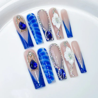 10Pcs Blue Handmade Press on Nails False Nails 3D Ocean Flower Full Cover Rhinestones Long French Wearable False Nails Tips Art