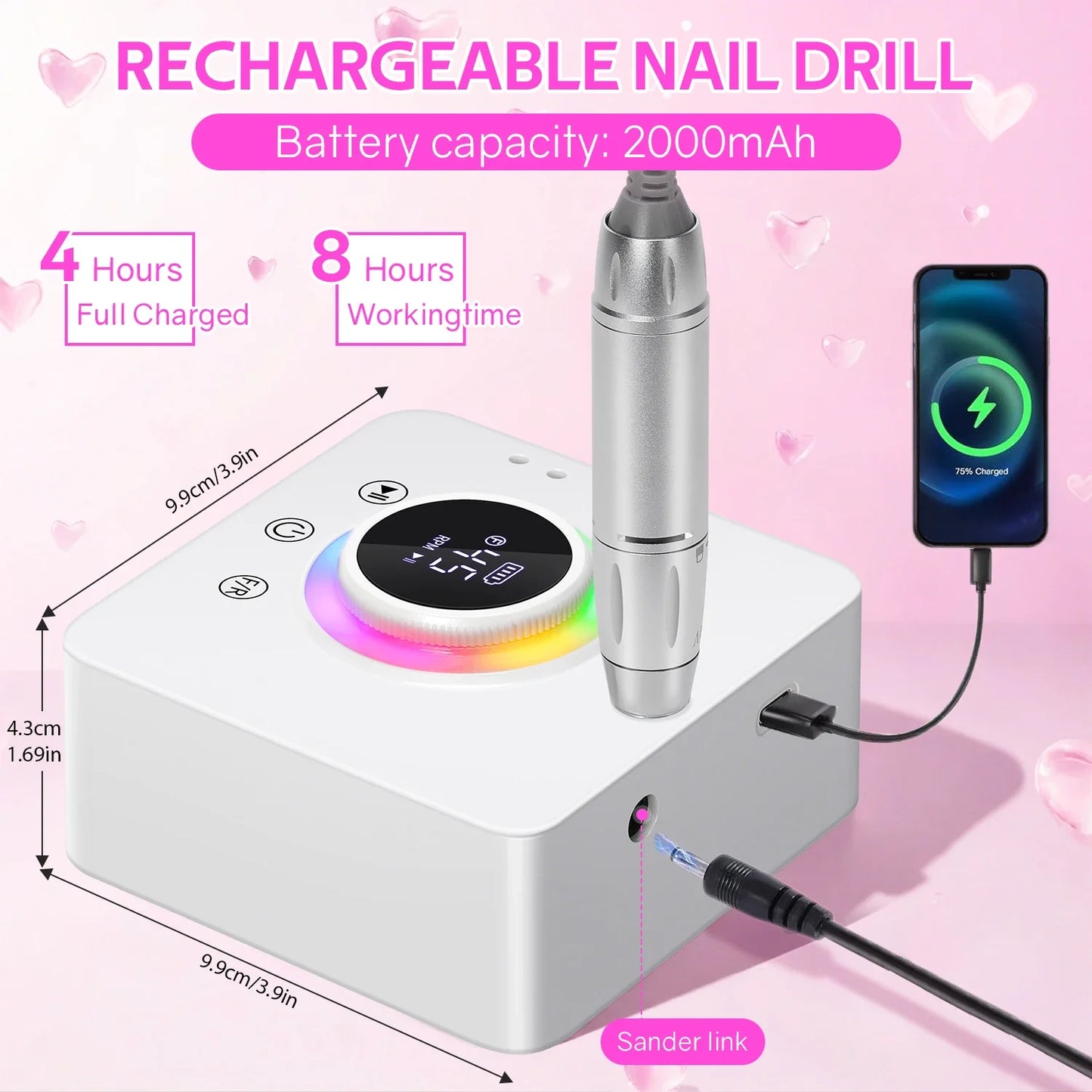DianaBeauty 45000RPM Rechargeable Nail Drill Machine Nail Polish Polisher Electric Manicure Sander Low Noise Nail Salon Tools
