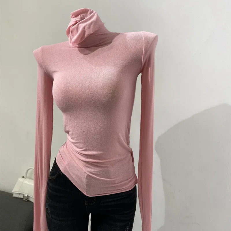 Korean style standing collar long sleeved T-shirt, high collar bottom shirt, women's slim fit slightly transparent top