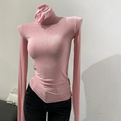 Korean style standing collar long sleeved T-shirt, high collar bottom shirt, women's slim fit slightly transparent top
