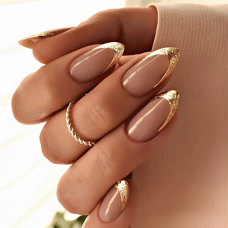 24pcs Almond False Nails Tips Summer Beach Colorful Nails Sets with Pearl Flower Design Press on Nails Art Wearable Fake Nail