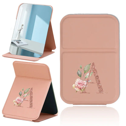 Fold Desktop Makeup Mirror Handheld PU Travel Makeup Mirror Portable Leather Anti Slip Pocket Mirror Rose Gold Letter Pattern