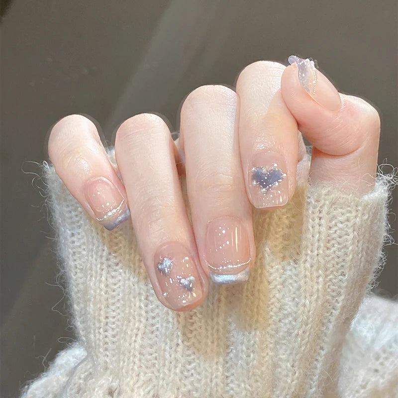 10Pcs Sweet Heart Nail Glitter Diamond Fake Nails Cute French Short Square Press on Nails Cat Eye Pearl Fake Nails Nude Natural