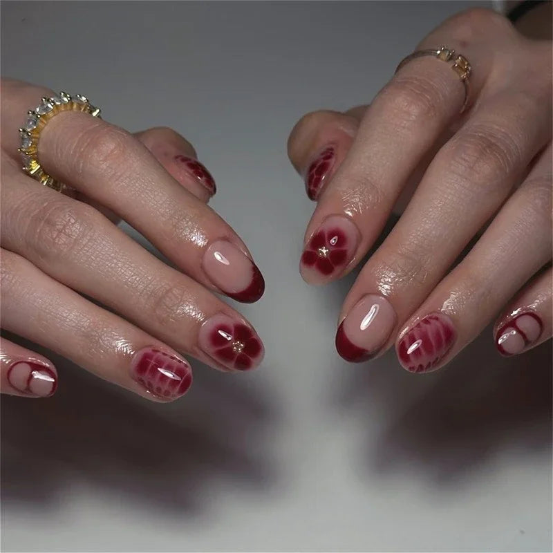 Fashion Brown Flowers Nude Color Nail Art Gold French Almond False Nails Detachable Finished Fake Nails Press on Nails with Glue