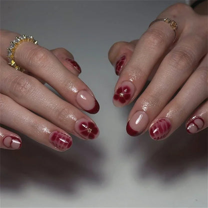 Fashion Brown Flowers Nude Color Nail Art Gold French Almond False Nails Detachable Finished Fake Nails Press on Nails with Glue