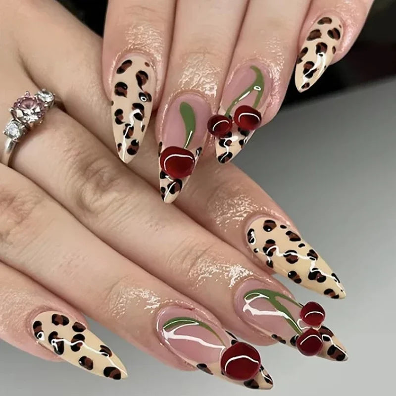 Leopard Print Ballet Fake Nails Art Almond False Nail Tip Charm Star Bowknot Flower Heart Cherry Pointed Press on Nails Manicure