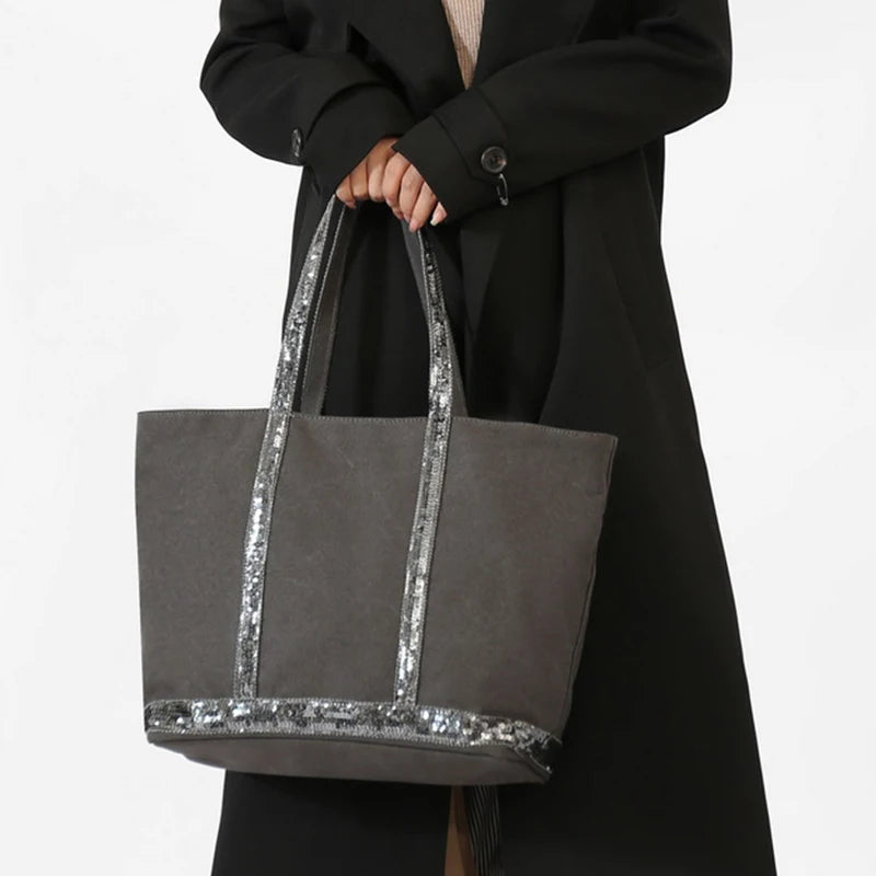 Retro Large-capacity Canvas Tote Bag Brand Contrast Color Sequins Highquality Handbag Unisex Large Travel Shoulder Messenger Bag