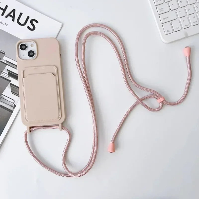 Soft Silicone Crossboby Lanyard Rope Fall Prevention Phone Case for IPhone 16 15 Pro Max 14 Plus 13 12 11 Card Slot Holder Cover