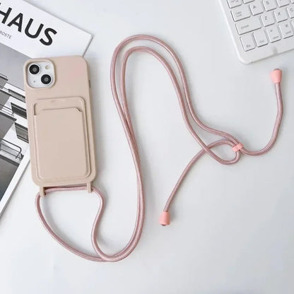 Soft Silicone Crossboby Lanyard Rope Fall Prevention Phone Case for IPhone 16 15 Pro Max 14 Plus 13 12 11 Card Slot Holder Cover