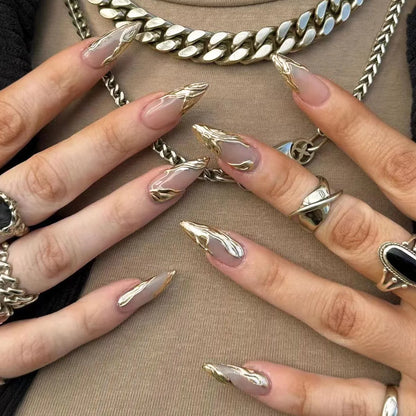 24pcs French Sliver Fake Nails 3D Sliver Mirror Design Almond Press on Nails for Girls Full Cover Wearable Y2k False Nail Tips