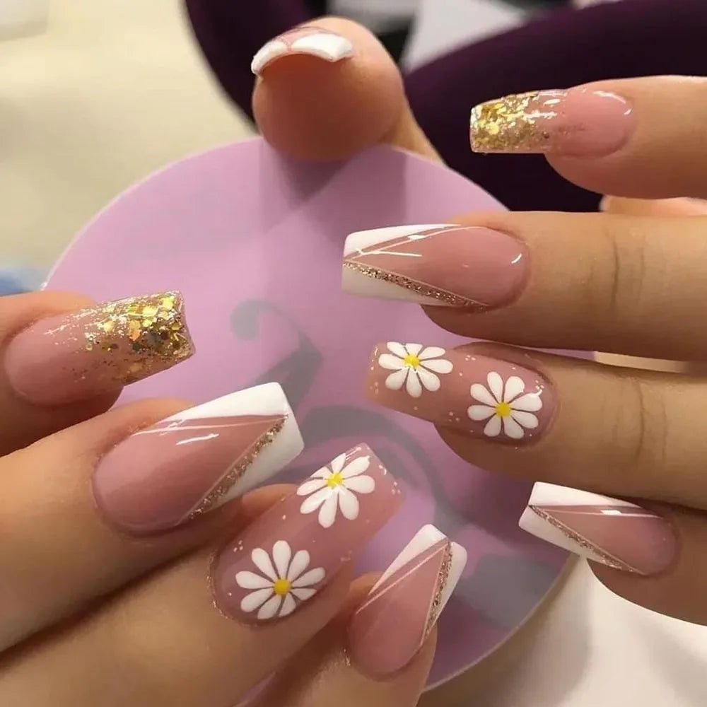 24PCS Shiny Pearl Wearable False Nails Short Square Fake Nail Simple Press on Nails Detachable Full Cover Nail Tips With Glue