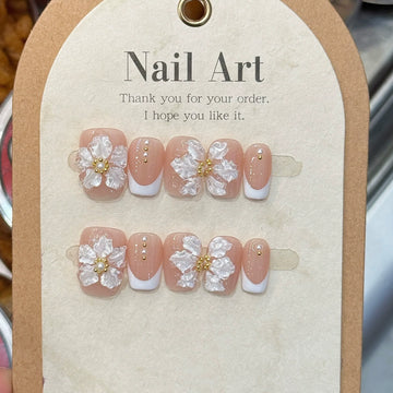 10Pcs French Handmade Press on Nails White Flower Fake Nails Wearable Stick-on Nails Full Cover False Nail Накладные Ногти 네일팁