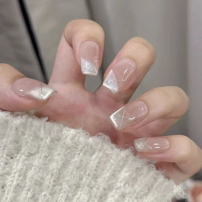 10Pcs Sweet Heart Nail Glitter Diamond Fake Nails Cute French Short Square Press on Nails Cat Eye Pearl Fake Nails Nude Natural