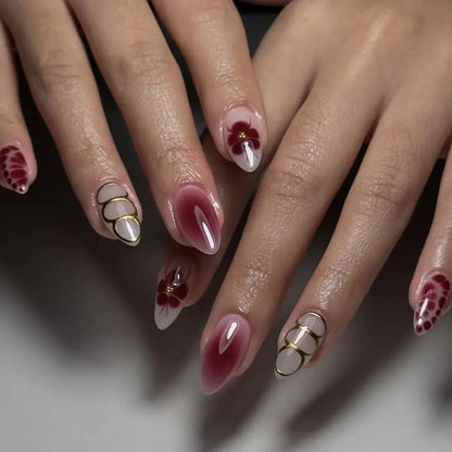 Fashion Brown Flowers Nude Color Nail Art Gold French Almond False Nails Detachable Finished Fake Nails Press on Nails with Glue